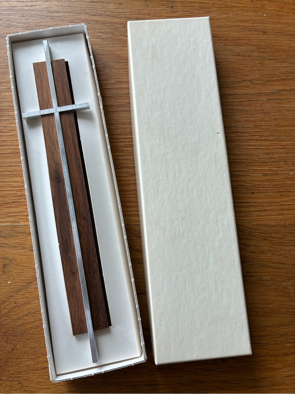 Vintage MCM Minimalist Wood and Silver Cross Dรฉcor in original box